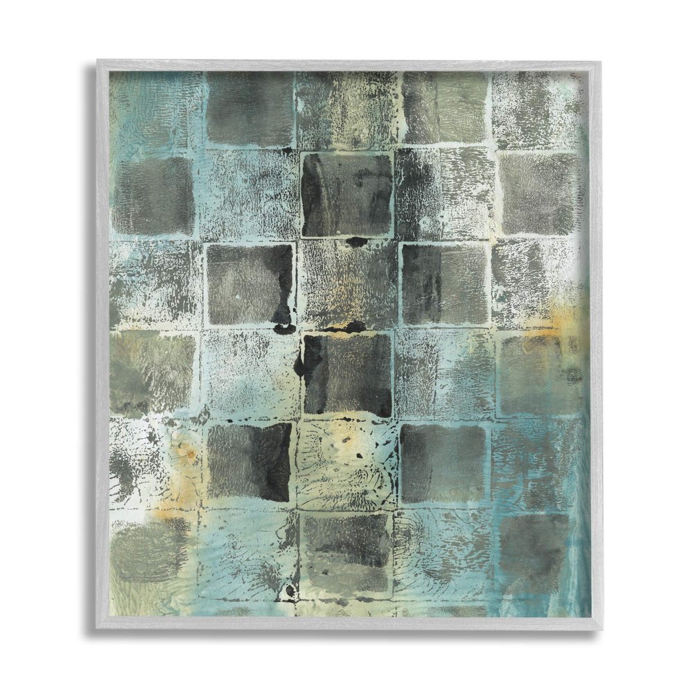 Stupell Industries Checker Block Pattern Abstraction Over Blue Green, Design by Joyce Combs Grey Framed Wall Art, 16 x 20