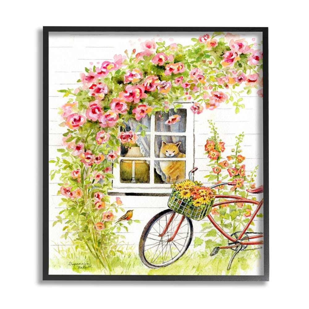 Stupell Industries Pink Bicycle with Charming Cat Cottage