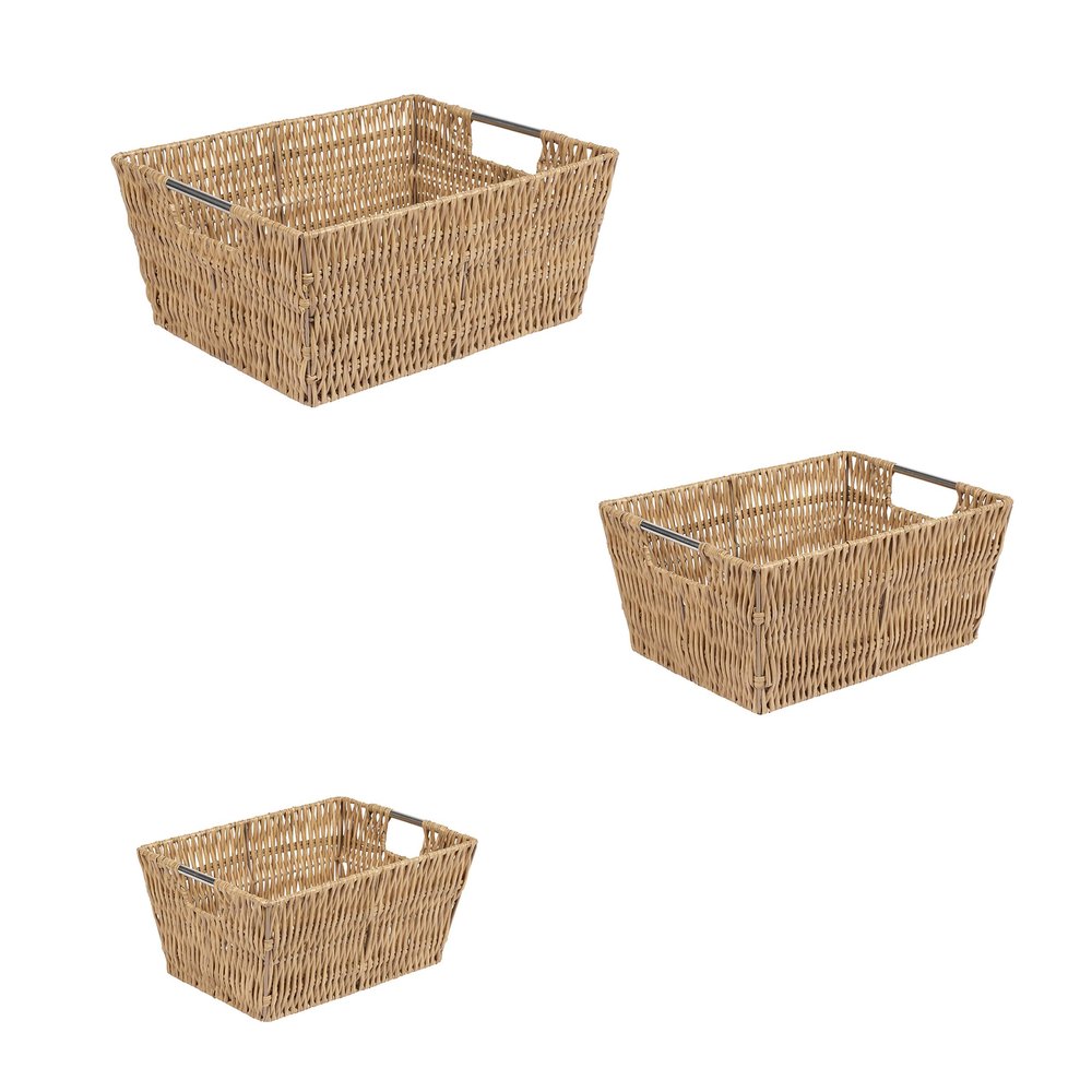 Simplify 3 Piece Set Woven Rattan Tote Baskets | Multi-Size | Handles | Storage & Organization | Toys | Bathroom Accessories | Home | Office | Dorm | Playroom | Closet | White