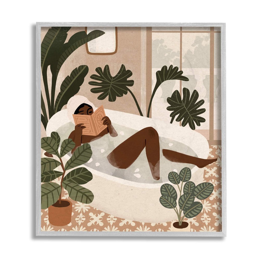 Stupell Industries Female Reading in Bath Tropical Palm Plants