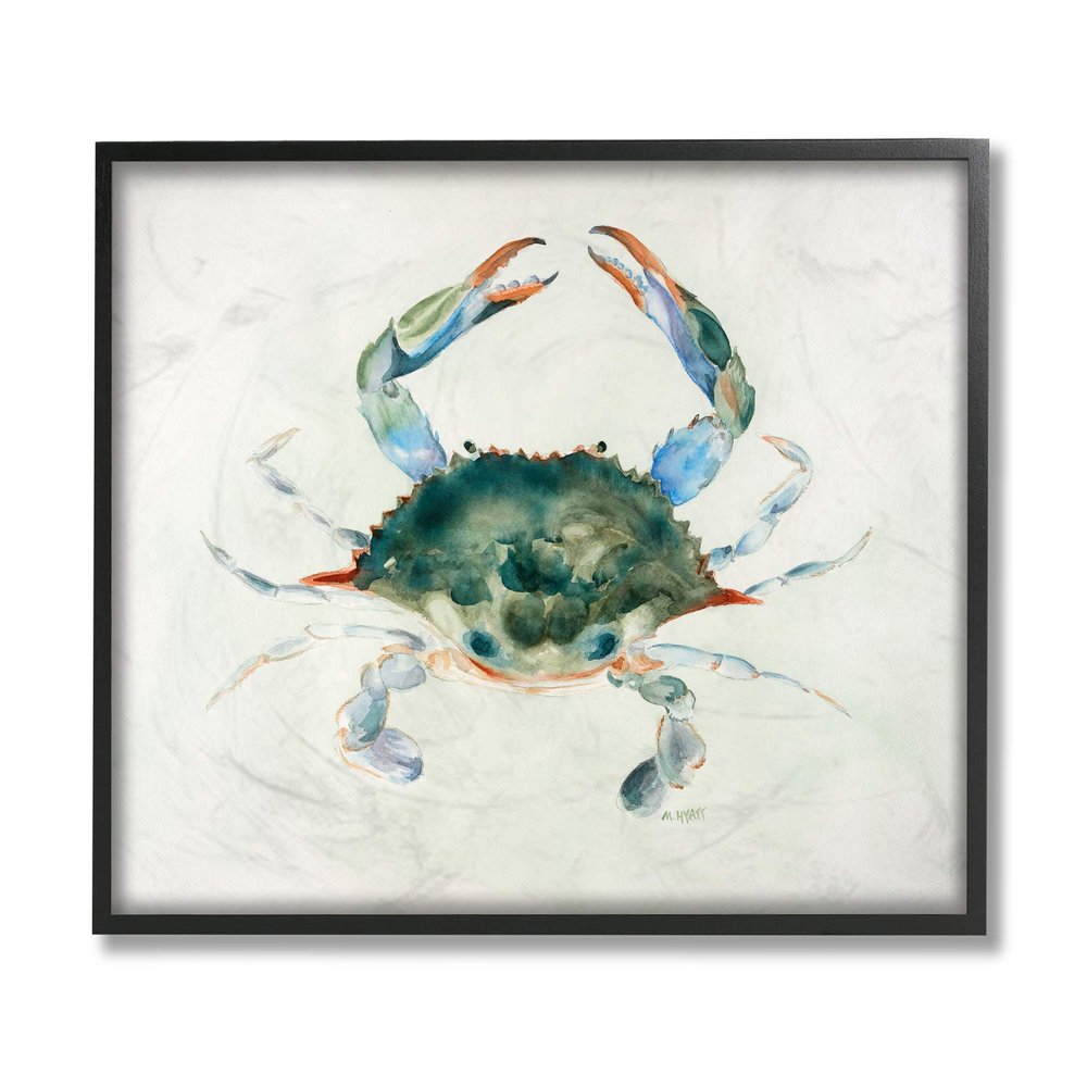 Stupell Industries Blue Sea Crab Over Beige Soft Watercolors, Design by Melissa Hyatt LLC Black Framed Wall Art, 16 x 20, Off-White