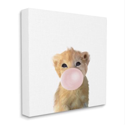 Stupell Industries Baby Lion with Pink Bubble Gum Jungle Animal, Design by Leah Straatsma Canvas Wall Art, 16 x 20, White