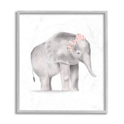 Floral Crown Baby Elephant Soft Pink Grey Illustration