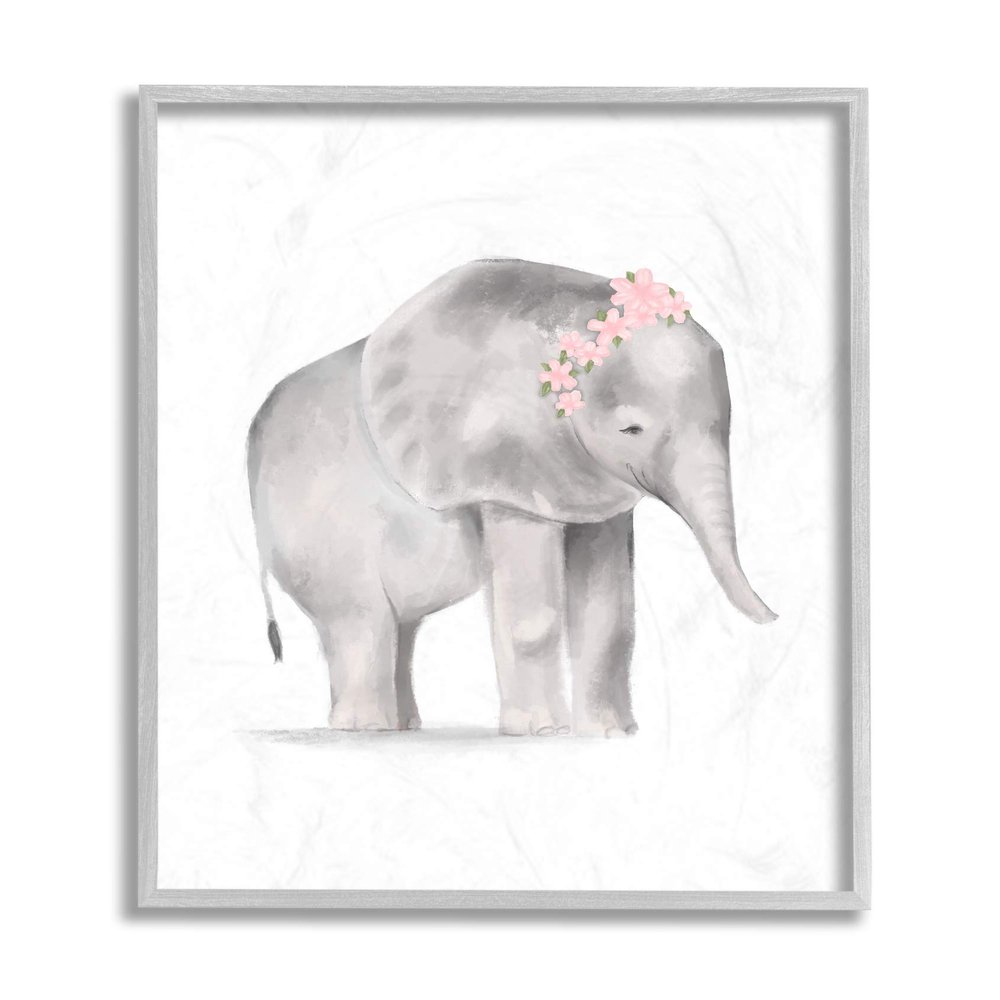 Floral Crown Baby Elephant Soft Pink Grey Illustration