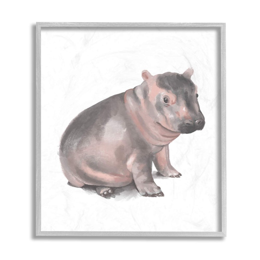 Sitting Baby Hippo Soft Pink Grey Illustration