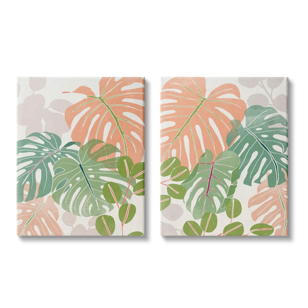 Stupell Industries Tropical Monstera Palm Leaves Green Orange, Design by June Erica Vess Canvas Wall Art, 16 x 20
