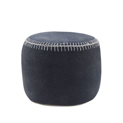 LR Home Navy Bordered Cotton Ottoman Pouf for Home Decor | Hand-Made Modern Foot Rest for Bedroom & Living Room Decor | 18 x 18 x 14 Stuffed Pouf for Seating