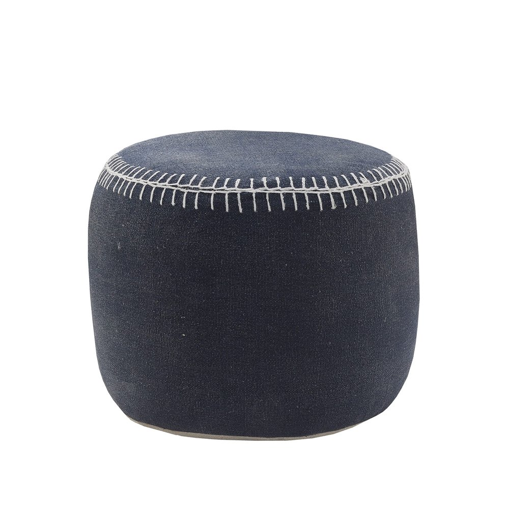 LR Home Navy Bordered Cotton Ottoman Pouf for Home Decor | Hand-Made Modern Foot Rest for Bedroom & Living Room Decor | 18 x 18 x 14 Stuffed Pouf for Seating