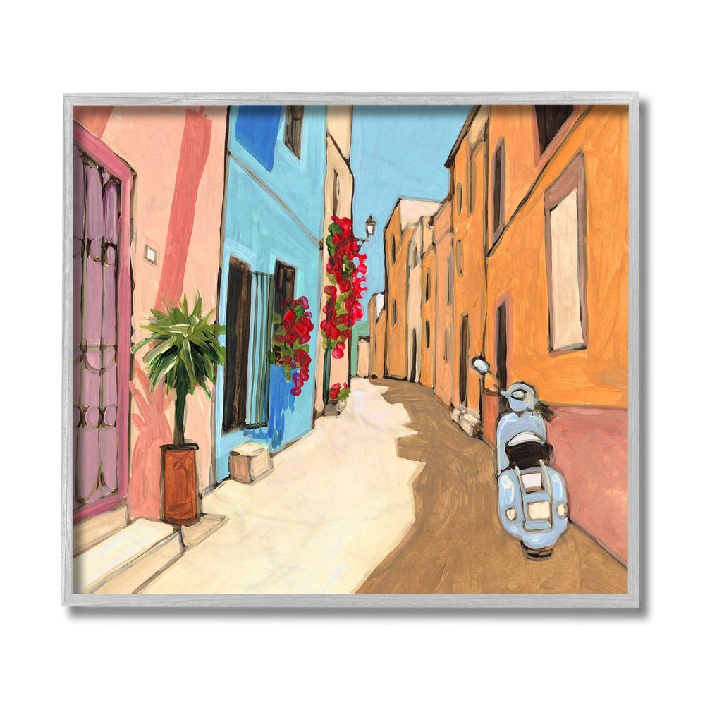 Stupell Industries European City Roadside Landscape Blue Street Vespa