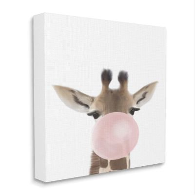Stupell Industries Baby Giraffe with Pink Bubble Gum Safari Animal, Design by Leah Straatsma Canvas Wall Art, 24 x 30, White