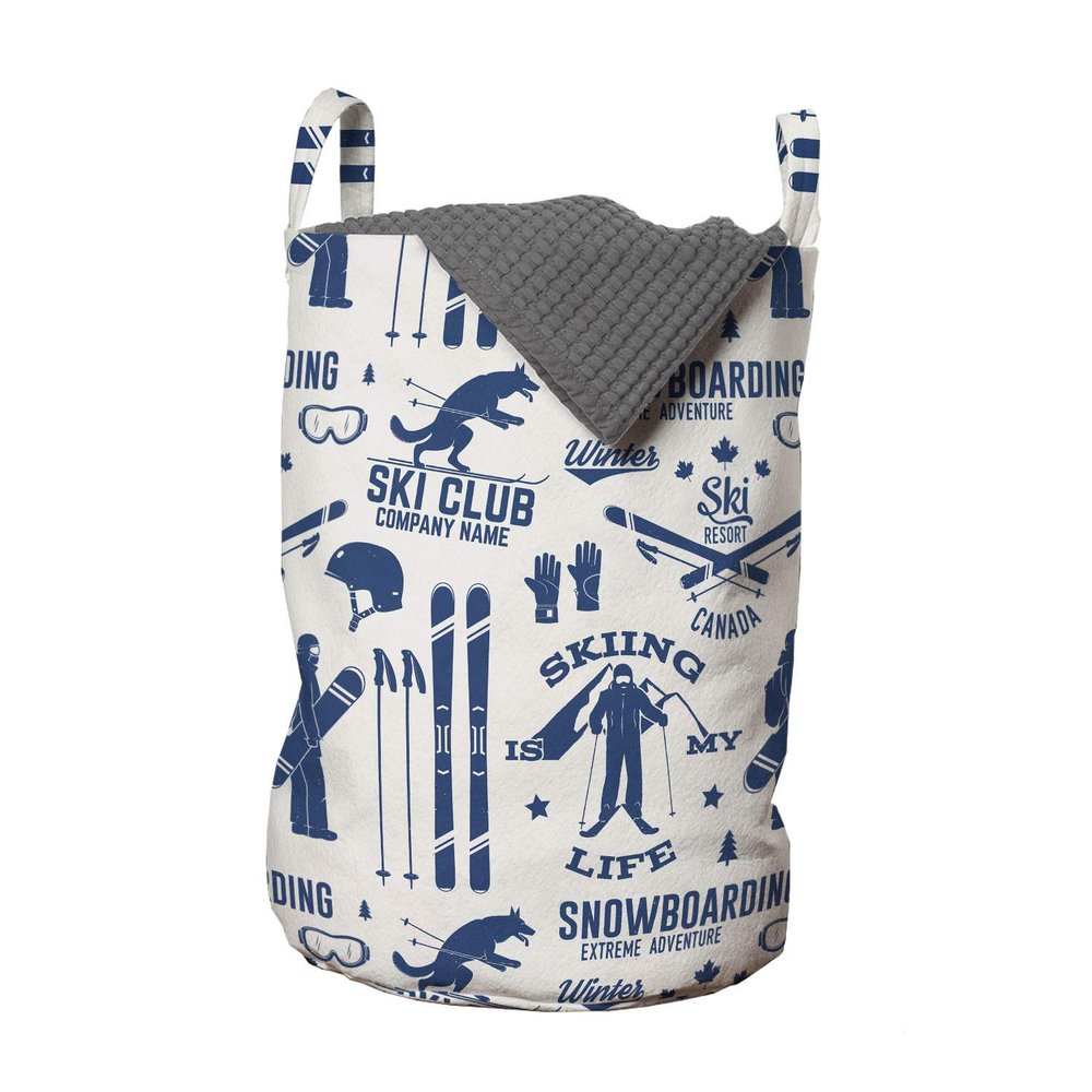 Ambesonne Ski Pattern Laundry Bag, Vintage Style Monochromatic Design of Skiing Themed Motifs, Hamper Basket with Handles Drawstring Closure for Laundromats, 13" x 19", Navy White