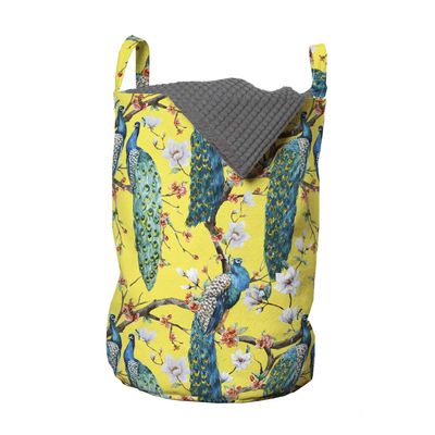 Ambesonne Colorful Laundry Bag, Watercolor Style Peacocks and Long Tails on Flowered Branches, Hamper Basket with Handles Drawstring Closure for Laundromats, 13" x 19", Yellow Multicolor