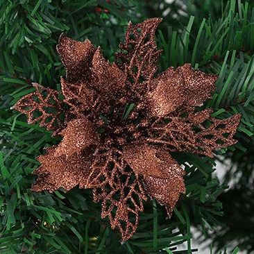 24Pcs Christmas Dark Brown Glitter Mesh Holly Leaf Artificial Poinsettia Flowers Picks Tree Ornaments 6.3"W for Dark Brown Christmas Tree Wreath Garland Floral Gift Winter Wedding Holiday Decor