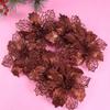 24Pcs Christmas Dark Brown Glitter Mesh Holly Leaf Artificial Poinsettia Flowers Picks Tree Ornaments 6.3"W for Dark Brown Christmas Tree Wreath Garland Floral Gift Winter Wedding Holiday Decor view 4
