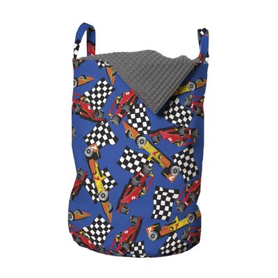 Ambesonne Race Car Laundry Bag, Cartoon Style Interpretation of Checkered Flags and Automobile, Hamper Basket with Handles Drawstring Closure for Laundromats, 13" x 19", Cobalt Blue
