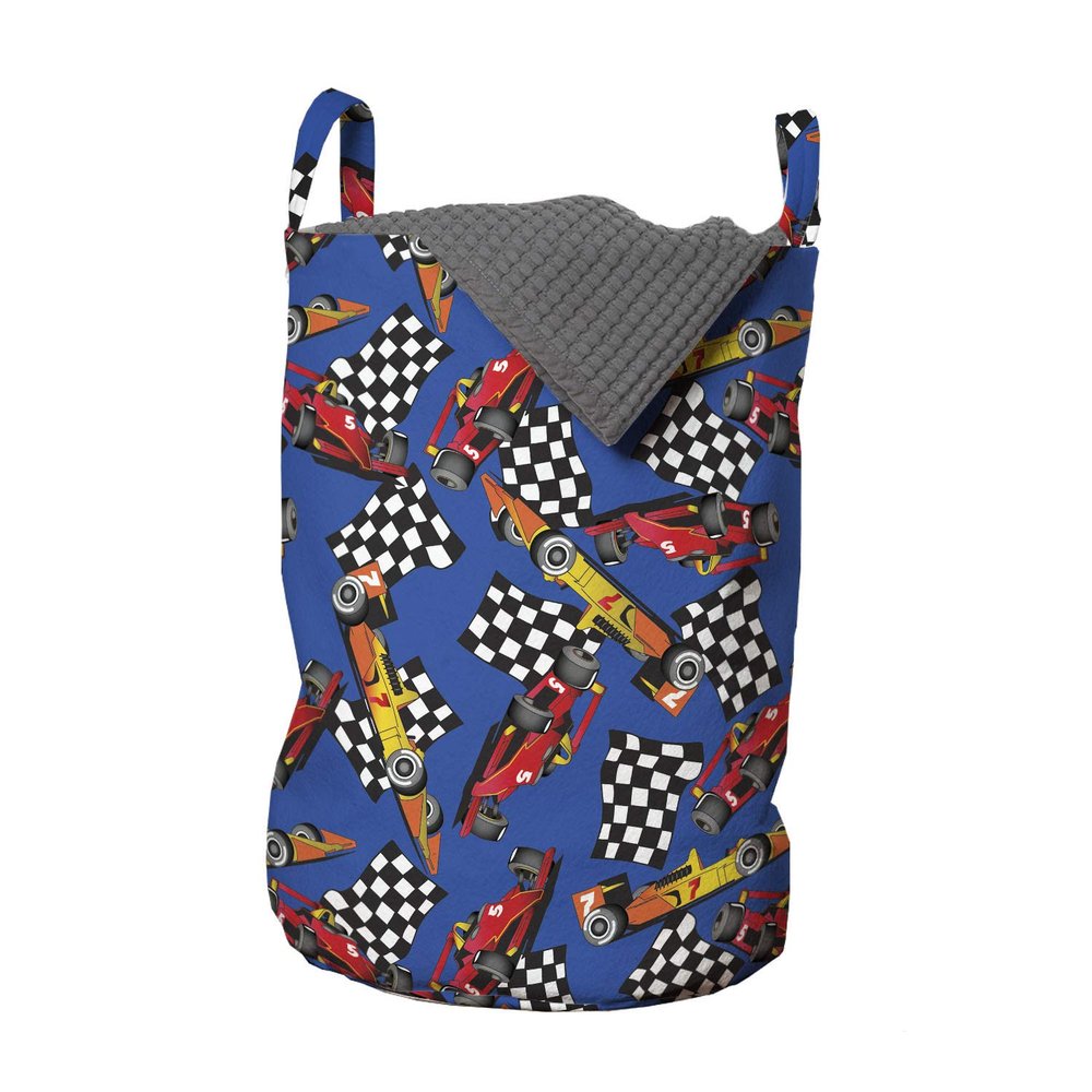 Ambesonne Race Car Laundry Bag, Cartoon Style Interpretation of Checkered Flags and Automobile, Hamper Basket with Handles Drawstring Closure for Laundromats, 13" x 19", Cobalt Blue