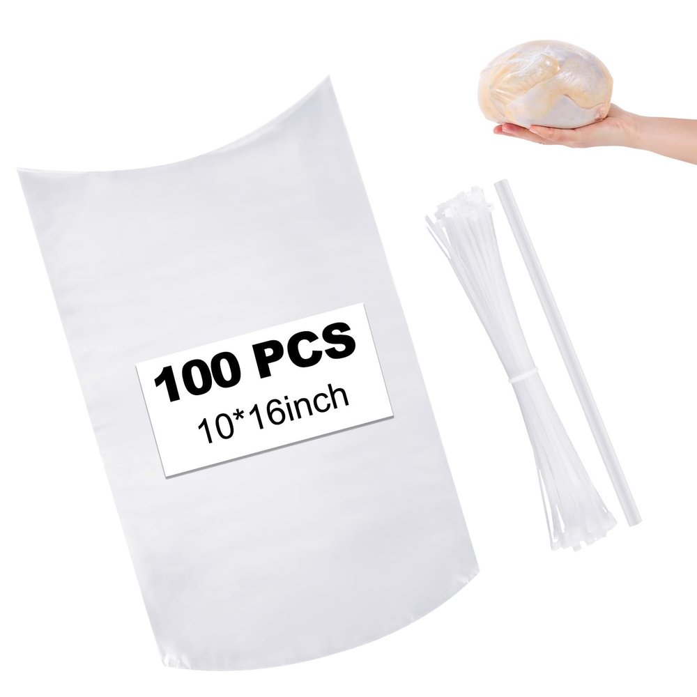 Zonon 100 Pcs 100 Pack Poultry Shrink Bags 10 x 16 Inches Clear Poultry Heat Shrink Wrap Bags for Chickens Turkey Rabbits Bpa Free Freezer with 100 Zip Ties and Clear Silicone Straw for Food Storage