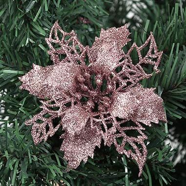 24Pcs Christmas Rose Gold Glitter Mesh Holly Leaf Artificial Poinsettia Flowers Picks Tree Ornaments 6.3"W for Rose Gold Christmas Tree Wreath Garland Floral Gift Winter Wedding Holiday Decoration