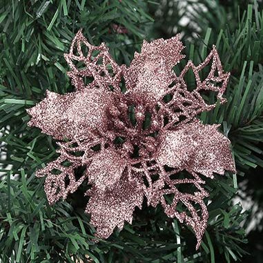24Pcs Christmas Rose Gold Glitter Mesh Holly Leaf Artificial Poinsettia Flowers Picks Tree Ornaments 6.3"W for Rose Gold Christmas Tree Wreath Garland Floral Gift Winter Wedding Holiday Decoration