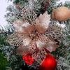 24Pcs Christmas Rose Gold Glitter Mesh Holly Leaf Artificial Poinsettia Flowers Picks Tree Ornaments 6.3"W for Rose Gold Christmas Tree Wreath Garland Floral Gift Winter Wedding Holiday Decoration view 3