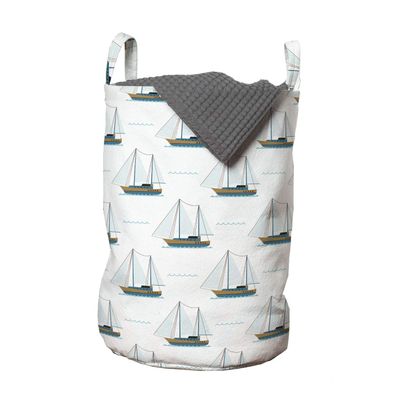 Ambesonne Sailboat Laundry Bag, Nautical Pattern of Travel Sailing Motifs Print on Plain Backdrop, Hamper Basket with Handles Drawstring Closure for Laundromats, 13" x 19", White Brown