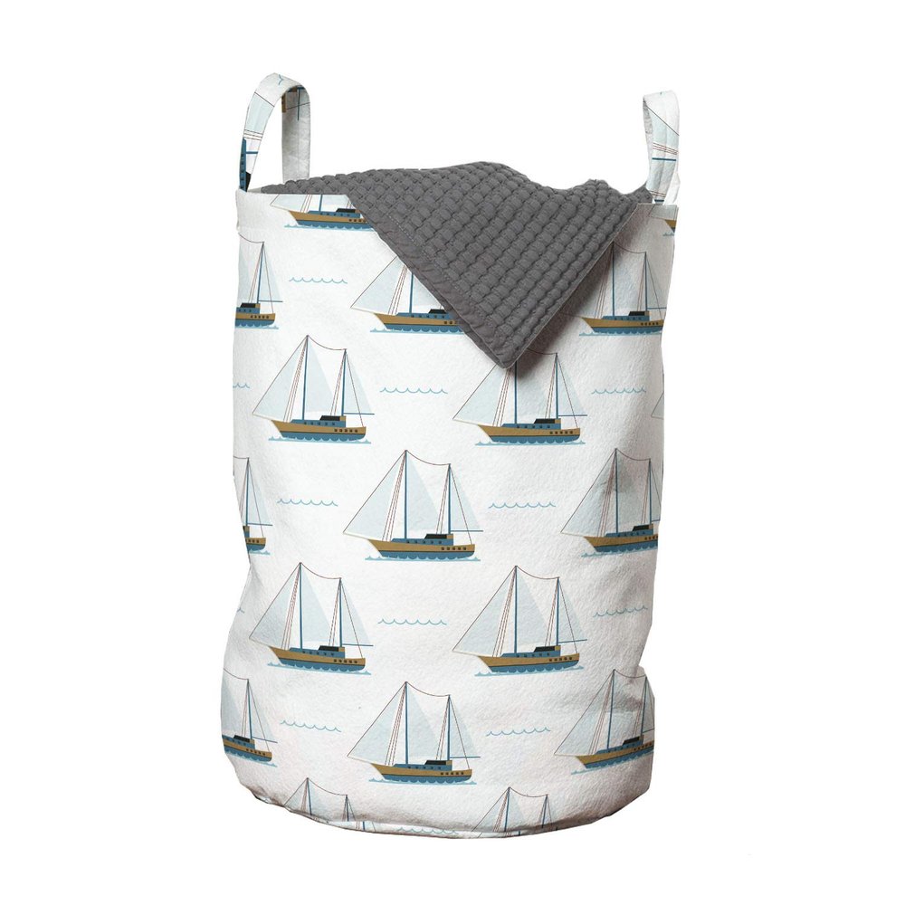 Ambesonne Sailboat Laundry Bag, Nautical Pattern of Travel Sailing Motifs Print on Plain Backdrop, Hamper Basket with Handles Drawstring Closure for Laundromats, 13" x 19", White Brown