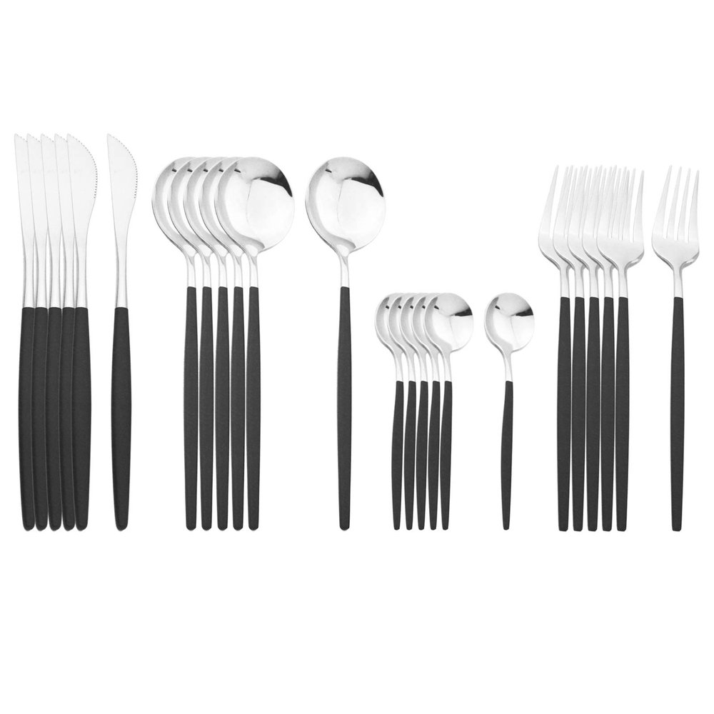 Black Handle Silver Silverware Set, BRIIEC 24-Piece Stainless Steel Shiny Cutlery Eating Utensils Flatware Set for 6, Dishwasher Safe