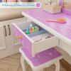 JOYMOR Kids Vanity Set, Wooden Princess Makeup Table with Stool, Tri-Folding Mirror, Large Drawer, Solid Wooden Legs Pretend Beauty Make Up Dressing Play Set for Girls Best Gift (Purple) view 4