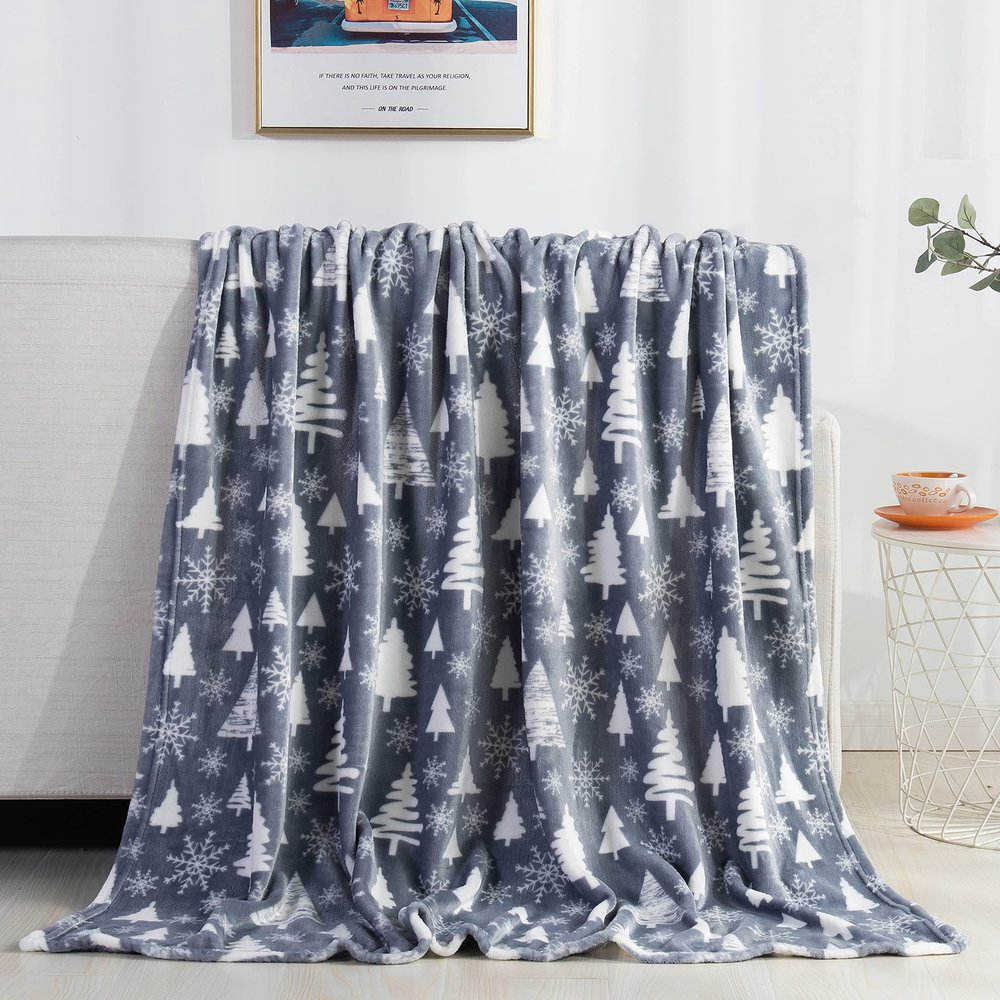 Valerian Luxury Velvet Super Soft Light Weight Blanket Prints Fleece Throw - All Year Round Home Decor, Fuzzy Warm and Cozy Throws, Couch and Gift, 50 x 60 inch, Gray Tree