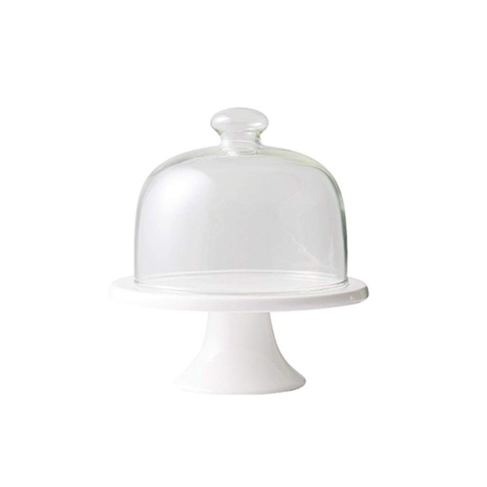 6/8 Inch Cake Stand Set, High Ceramic Flat Plate Pastry Bread Cheese Tasting Tray Glass Dome Food Preservation Cover White (Size : 15.515.517.1CM)