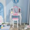 JOYMOR Kids Vanity Set, Wooden Princess Makeup Table with Stool, Tri-Folding Mirror, Large Drawer, Solid Wooden Legs Pretend Beauty Make Up Dressing Play Set for Girls Best Gift (Pink) view 1