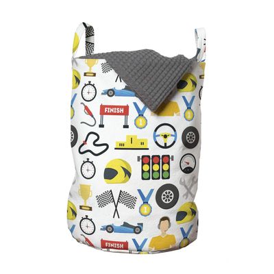 Ambesonne Race Car Laundry Bag, Cartoon Style Speedometer Flag Trophy Steering Checkered Flag Mechanic Items, Hamper Basket with Handles Drawstring Closure for Laundromats, 13" x 19", White Multicolor