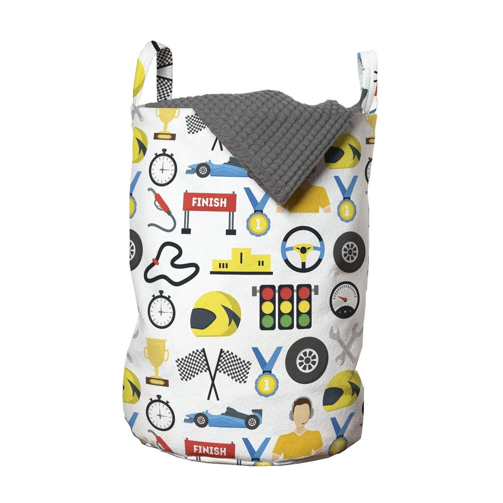 Ambesonne Race Car Laundry Bag, Cartoon Style Speedometer Flag Trophy Steering Checkered Flag Mechanic Items, Hamper Basket with Handles Drawstring Closure for Laundromats, 13" x 19", White Multicolor