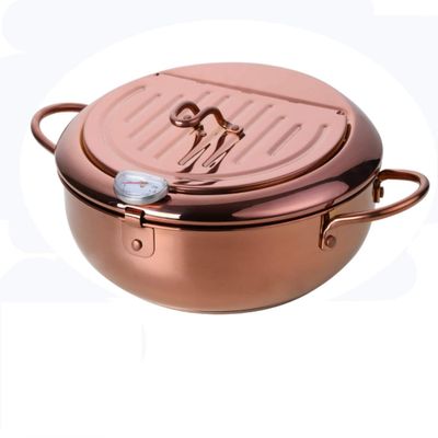 QIBOORUN Stainless Steel Deep Fryers Tempura Frying Pot With Thermometer Chicken Wings, French Fries Dust-Proof Lid and Oil Drip Rack for Kitchen Cookingil Drip Rack for Kitchen Cooking-Rose Gold