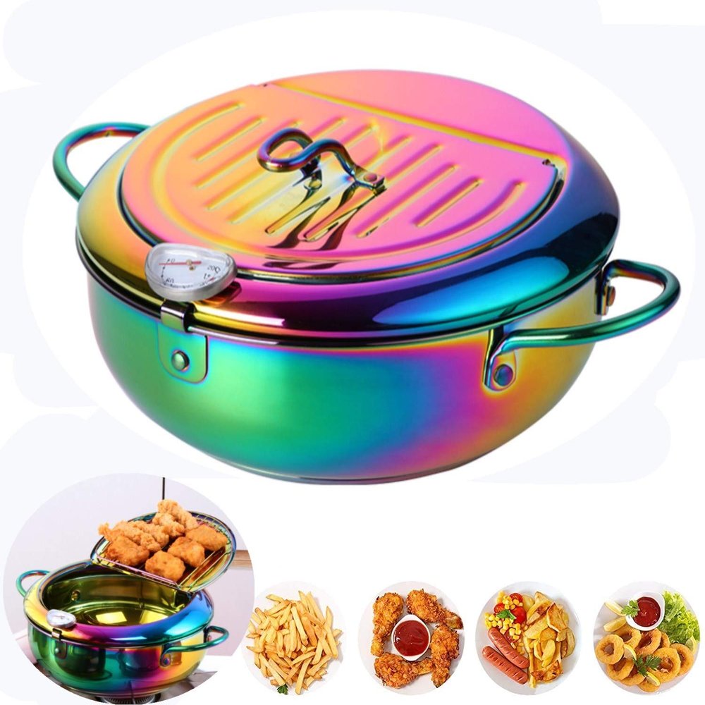 QIBOORUN Stainless Steel Deep Fryers Tempura Frying Pot With Thermometer Chicken Wings, French Fries Dust-Proof Lid and Oil Drip Rack for Kitchen Cookingil Drip Rack for Kitchen Cooking-Rainbow Color