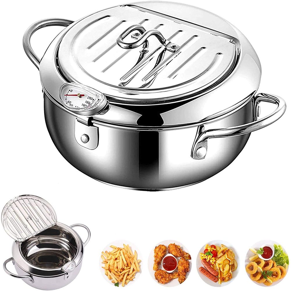 QIBOORUN Stainless Steel Deep Fryers Tempura Frying Pot With Thermometer Chicken Wings, French Fries Dust-Proof Lid and Oil Drip Rack for Kitchen Cookingil Drip Rack for Kitchen Cooking-Silver