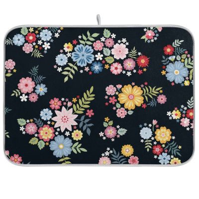 Absorbent Dish Drying Mat for Kitchen Counter - Black Flower Watercolor Fruit Microfiber Drying Pad, Reversible Drainer Mats for Countertop, Large 18 x 24 inch
