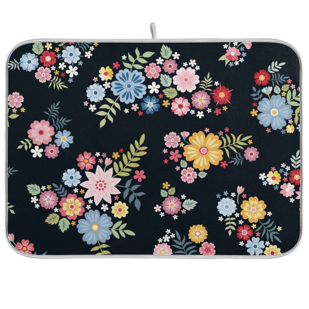 Absorbent Dish Drying Mat for Kitchen Counter - Black Flower Watercolor Fruit Microfiber Drying Pad, Reversible Drainer Mats for Countertop, Large 18 x 24 inch