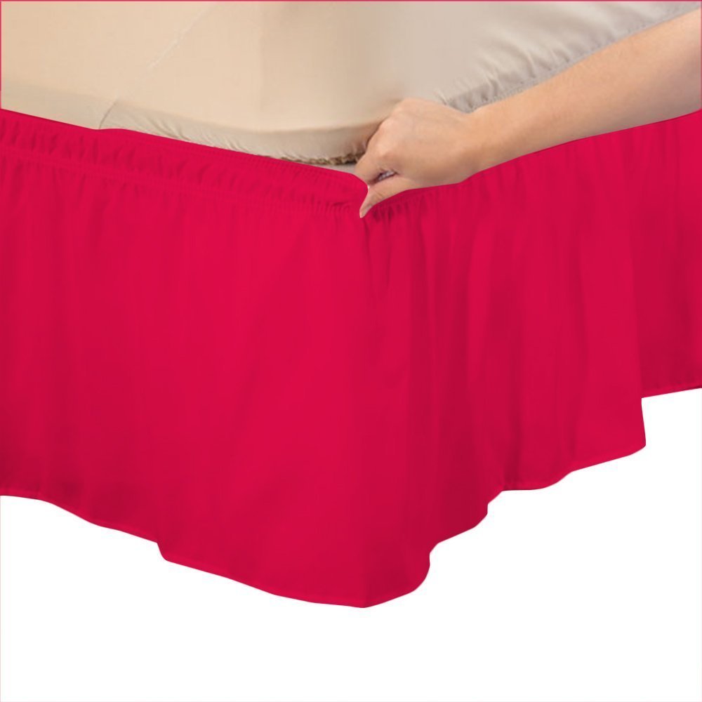 Bed Skirt - Wrap Around Bed Skirts Elastic Dust Ruffles, Easy Fit Wrinkle and Fade Resistant Silky Luxrious Fabric Solid Color, Easy On/Easy Off 15 Inch Tailored Drop, Hot Pink, Olympic Queen