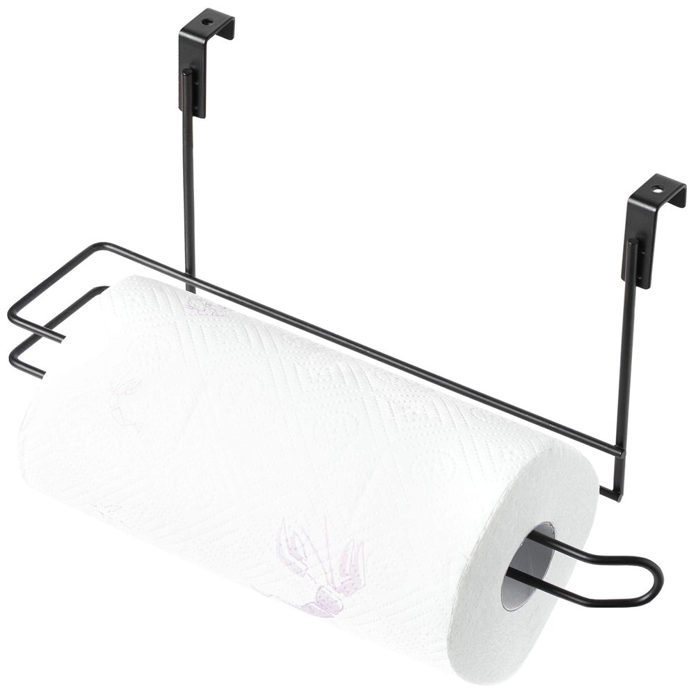 Basicwise Hanging Paper Towel Holder Over-The-Cabinet Door Organizer Rack Space-Saving Kitchen and Under-Sink Storage Solution for Standard Rolls with Easy Access for Home Office and Everyday Use