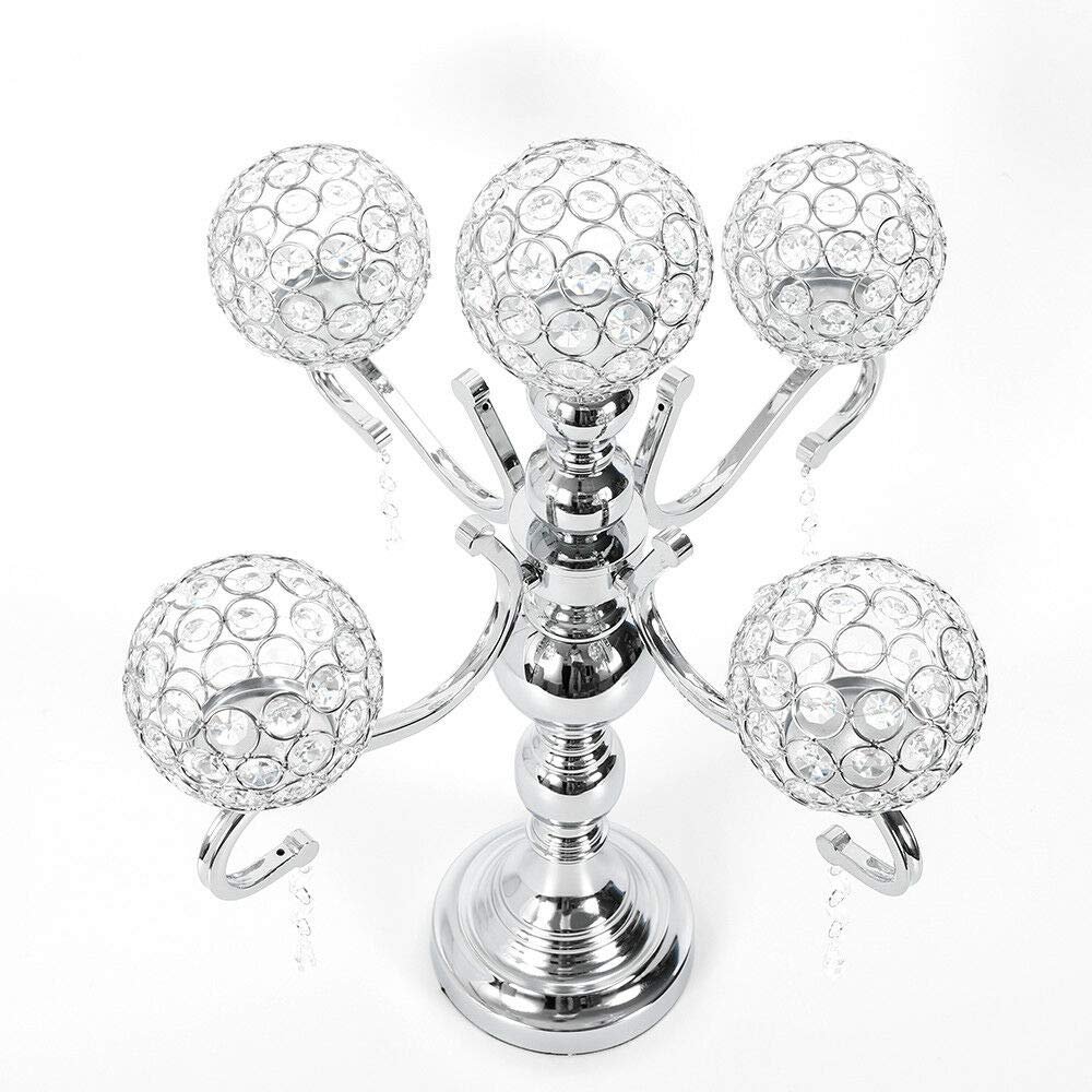 5 Arm Candelabra, Iron Frame Wedding Candle Holders Acrylic Crystal Candle Holders 55cm Gold/Silver Candelabra Candelabra Centerpiece for Dinner Party and Formal Event Decoration (Silver)
