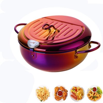 QIBOORUN Stainless Steel Deep Fryers Tempura Frying Pot With Thermometer Oil Fryer Chicken Wings, French Fries Dust-Proof Lid and Oil Drip Rack for Kitchen Cookingil Drip Rack for Kitchen Cooking-Red