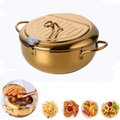 QIBOORUN Stainless Steel Deep Fryers Tempura Frying Pot With Thermometer Oil Fryer Chicken Wings, French Fries Dust-Proof Lid and Oil Drip Rack for Kitchen Cookingil Drip Rack for Kitchen Cooking-Gold