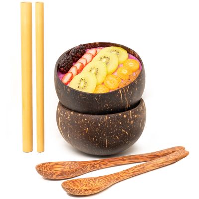 Rainforest Bowls Set of 2 Small Original Coconut Bowls, 2 Wooden Spoons & 2 Reusable Bamboo Straws - 100% Natural, Hand Carved by Artisans, Eco-Friendly & Sustainable - Smoothie/Acai/Salad Bowls