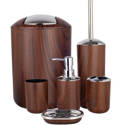 Bathroom Accessories Set 6 Piece Plastic Bath Ensemble Soap Dispenser Toothbrush Holder, Tumbler Soap Dish Soap Saver Trash Can Toilet Brush Holder Decorative Countertop Bathroom Accessoy Set (Brown)