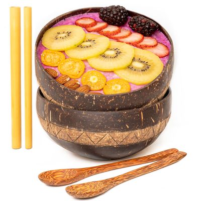 Rainforest Bowls Set of 2 Jumbo Zigzag Coconut Bowls, 2 Wooden Spoons & 2 Reusable Bamboo Straws - 100% Natural, Hand Carved by Artisans, Eco-Friendly & Sustainable - Smoothie/Acai/Salad Bowls
