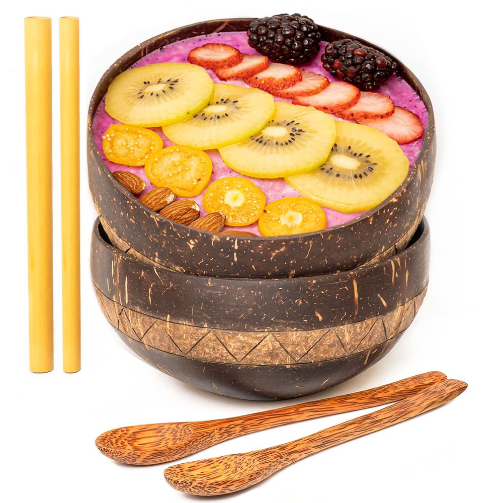 Rainforest Bowls Set of 2 Jumbo Zigzag Coconut Bowls, 2 Wooden Spoons & 2 Reusable Bamboo Straws - 100% Natural, Hand Carved by Artisans, Eco-Friendly & Sustainable - Smoothie/Acai/Salad Bowls