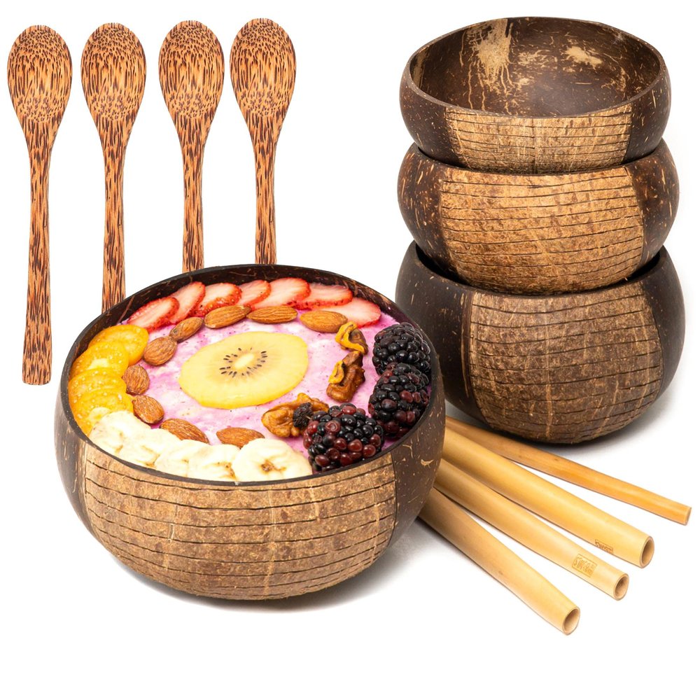 Rainforest Bowls Set of 2 Jumbo Stripes Coconut Bowls, 2 Wooden Spoons & 2 Reusable Bamboo Straws - 100% Natural, Hand Carved by Artisans, Eco-Friendly & Sustainable - Smoothie/Acai/Salad Bowls