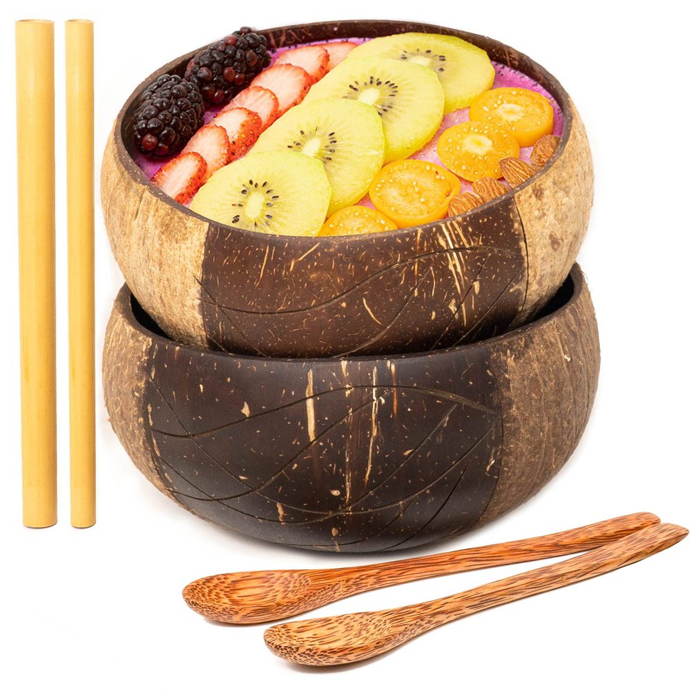 Rainforest Bowls Set of 2 Jumbo Waves Coconut Bowls, 2 Wooden Spoons & 2 Reusable Bamboo Straws - 100% Natural, Hand Carved by Artisans, Eco-Friendly & Sustainable - Smoothie/Acai/Salad Bowls