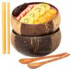 Rainforest Bowls Set of 2 Jumbo Waves Coconut Bowls, 2 Wooden Spoons & 2 Reusable Bamboo Straws - 100% Natural, Hand Carved by Artisans, Eco-Friendly & Sustainable - Smoothie/Acai/Salad Bowls view 1